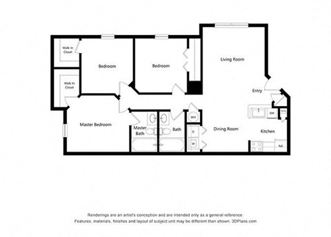 -3 Bedroom 2 Bath Floor Plan at Vermillion Apartments, Houston, TX 77021
